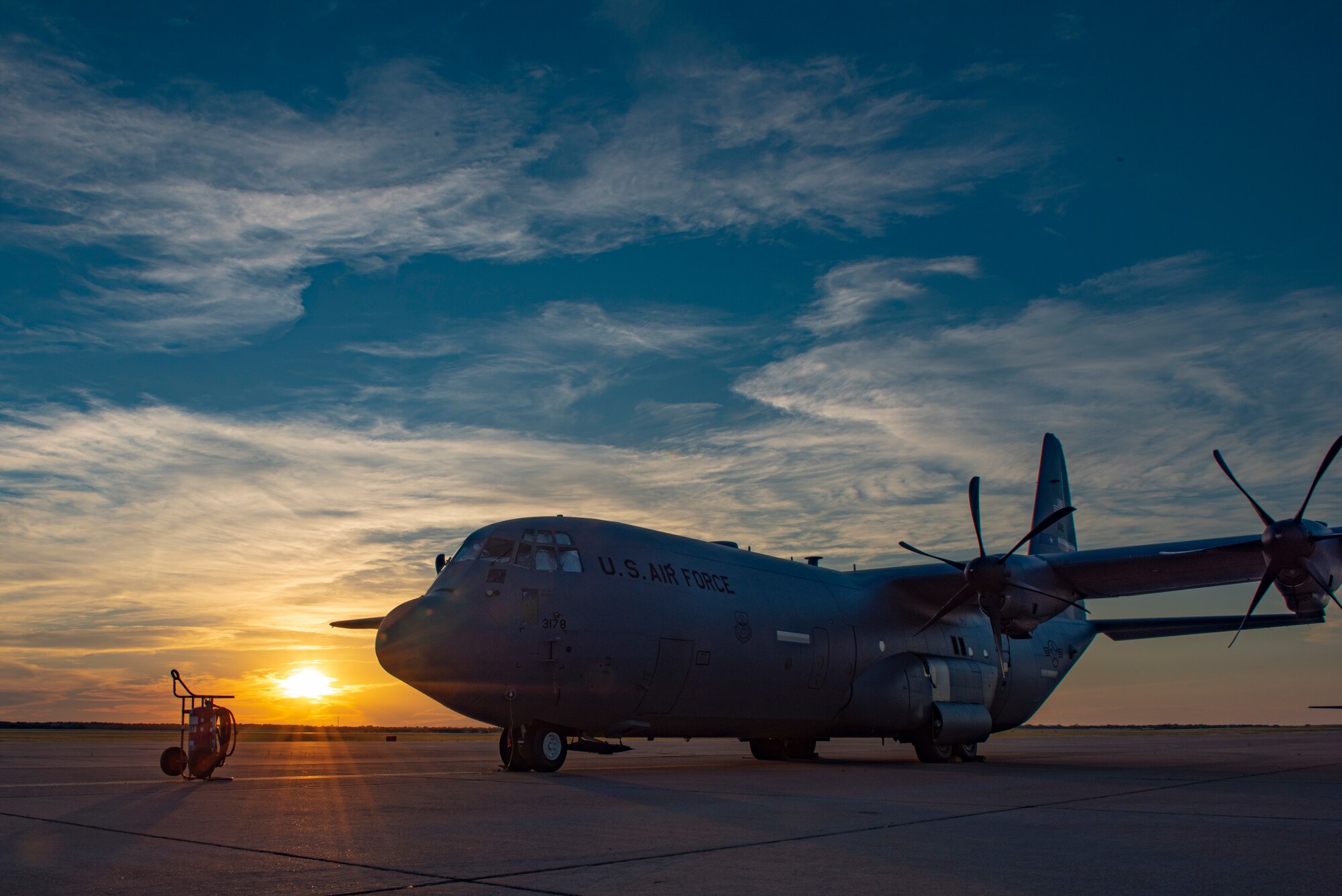 A C-130J Super Hercules sits on the flightline at Dyess Air Force Base, Texas, June 3, 2020. The new 4/12 deployment cycle allows the 39th and 40th Airlift Squadrons more time to train in alignment with the 2018 National Defense Strategy. (U.S. Air Force photo by Airman 1st Class Colin Hollowell)