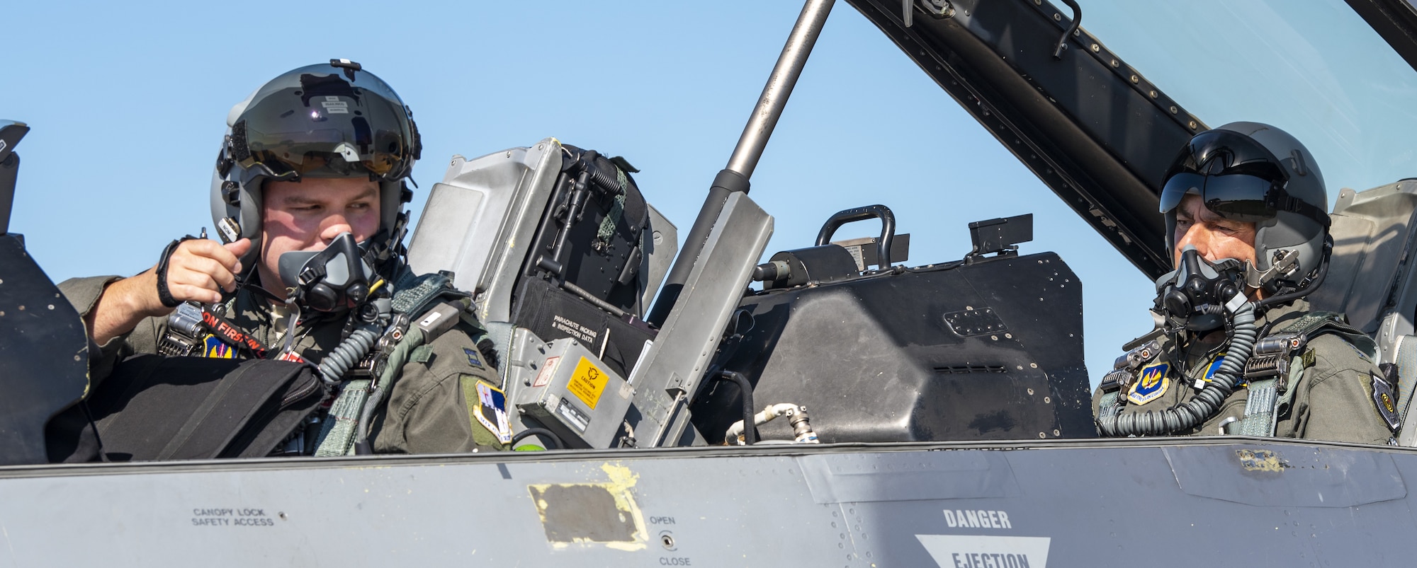 Gen. Jeff Harrigian, right, U.S. Air Forces in Europe and Air Forces Africa commander, and Capt. Daniel Cook, 480th Fighter Squadron pilot, prepare for a flight during an Agile Combat Employment exercise at Spangdahlem Air Base, Germany, June 25, 2020. ACE is a fundamental element of the U.S. security cooperation efforts, such as key leader engagement, exercises, subject matter expert exchanges, workshops, and symposiums. (U.S. Air Force photo by Senior Airman Branden Rae)