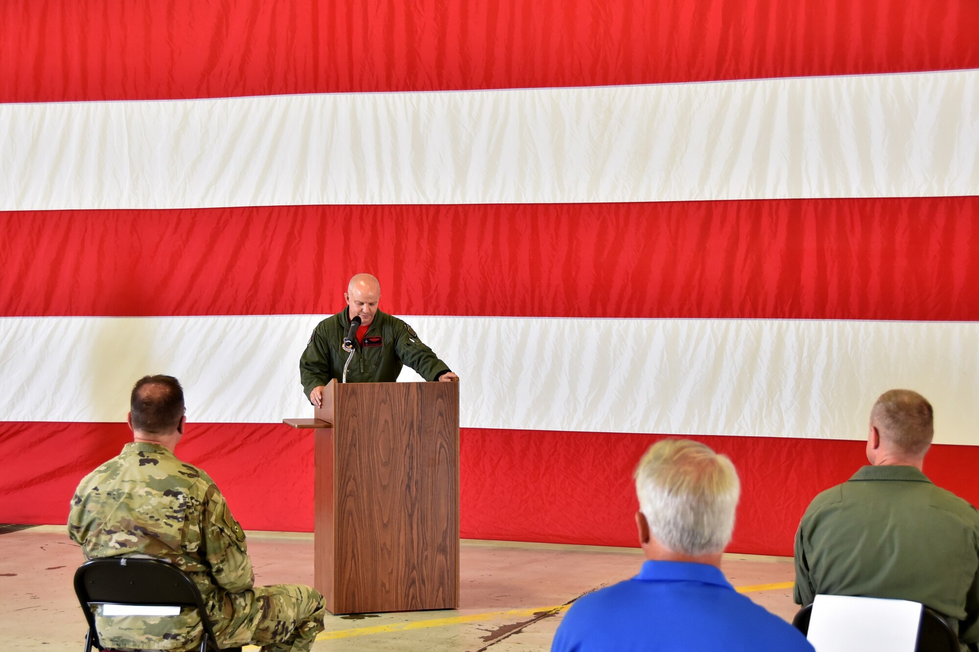 Col. Joshua Padgett, 301st Fighter Wing Operations Group commander, presided over the 24th Fighter Squadron assumption of command ceremony, June 26, 2020, at Naval Air Station Joint Reserve Base Fort Worth, Texas. Padgett welcomed Maj. Ryan “Rojo” Busbey, as the new 24th FS commander. (U.S. Air Force photo by Staff Sgt. Randall Moose)