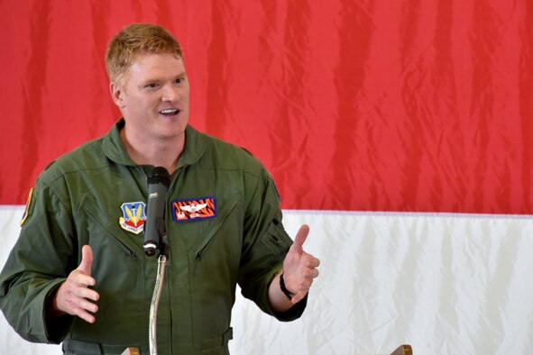 Maj. Ryan “Rojo” Busbey, 24th Fighter Squadron commander, addresses his Airmen during the 24th FS assumption of command ceremony, June 26, 2020, at Naval Air Station Joint Reserve Base Fort Worth, Texas. Busbey is responsible for ensuring the safety, effectiveness, and combat readiness of all his Airmen. (U.S. Air Force photo by Staff Sgt. Randall Moose)