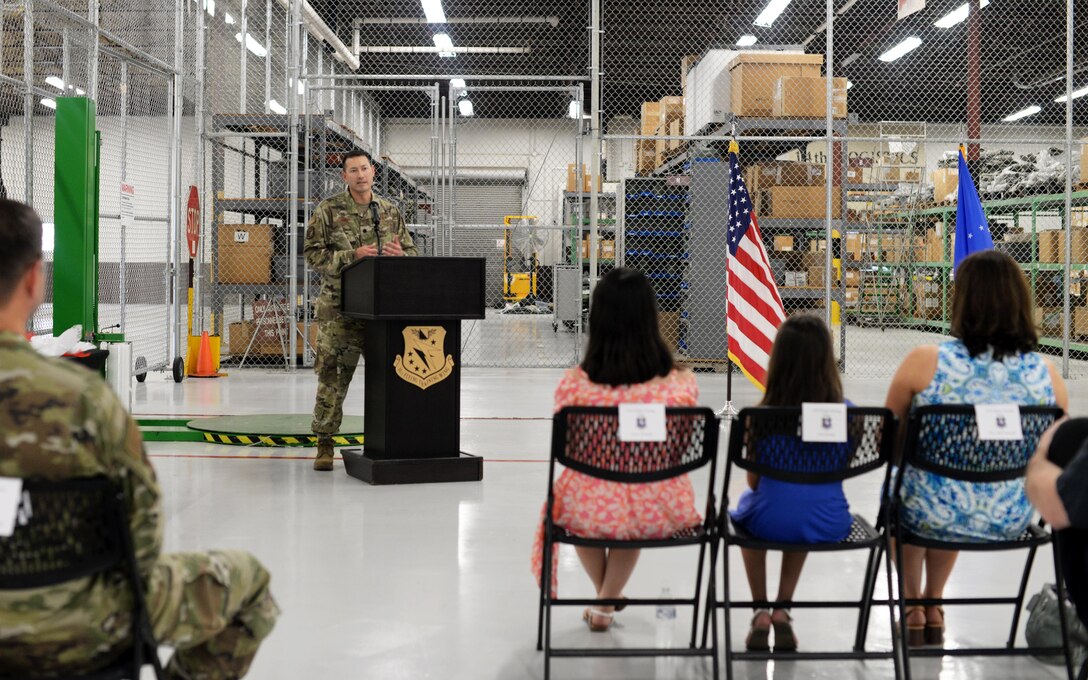 Lt. Col. Michael Kennedy, 14th Logistics Readiness commander, speaks June 26, 2020, during the 14th LRS Change of Command Ceremony on Columbus Air Force Base, Miss. The 14th Mission Support Group Logistics Readiness Squadron provides effective logistics support for the wing's flying training mission. (U.S. Air Force photo by Senior Airman Keith Holcomb)