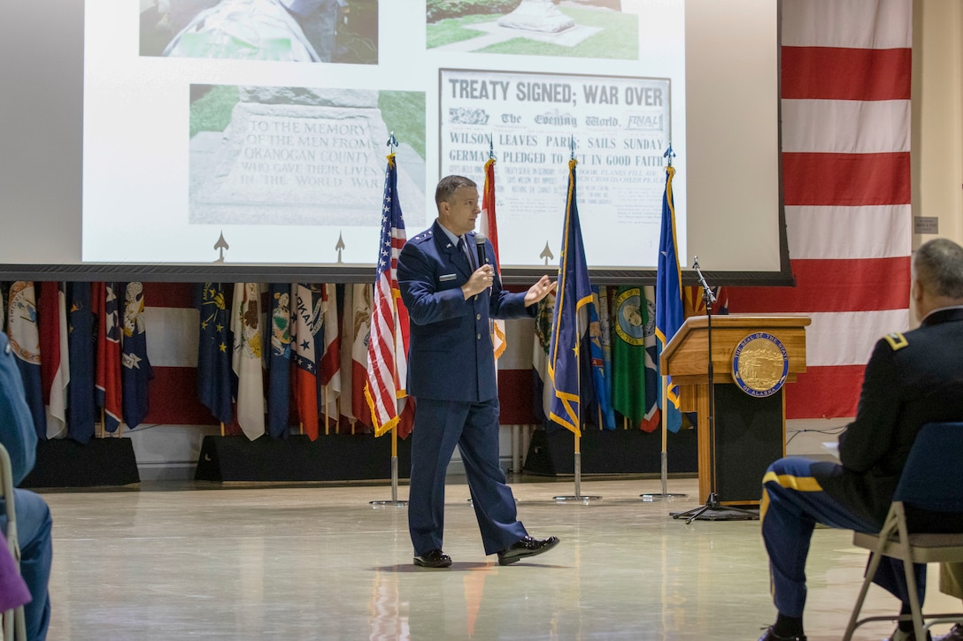Maj. Gen. Torrence Saxe, the adjutant general of the Alaska National Guard, delivers a speech to the service members, veterans, family members and distinguished guests attending the annual Veterans Day ceremony held at the National Guard Armory at Joint Base Elmendorf-Richardson Nov. 11, 2019. The ceremony included speeches from various individuals, a fallen warrior ceremony, a presentation of wreaths and a moment of silence for those who have fallen. (U.S. Army National Guard photo by Pfc. Grace Nechanicky/Released)