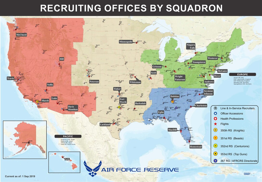 Under the Total Force Initiative, Air Force Reserve Command Recruiting Service has been restructured into the 367th Recruiting Group under Air Force Recruiting Service’s chain of command. The Northern, Eastern, Central and Western reserve recruiting squadrons have been re-designated as the 350th, 351st, 352nd and 353rd Recruiting Squadrons respectively.
