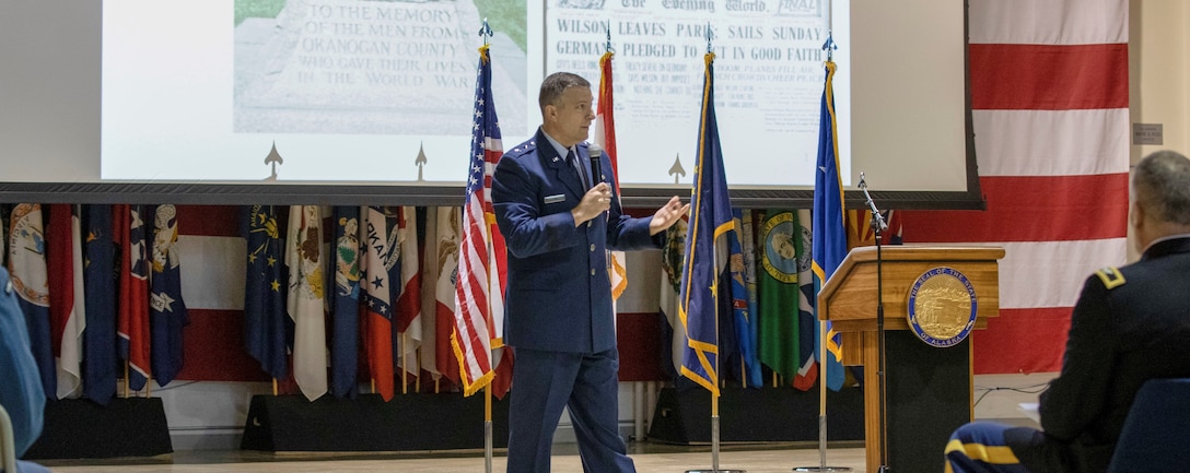 Maj. Gen. Torrence Saxe, the adjutant general of the Alaska National Guard, delivers a speech to the service members, veterans, family members and distinguished guests attending the annual Veterans Day ceremony held at the National Guard Armory at Joint Base Elmendorf-Richardson Nov. 11, 2019. The ceremony included speeches from various individuals, a fallen warrior ceremony, a presentation of wreaths and a moment of silence for those who have fallen. (U.S. Army National Guard photo by Pfc. Grace Nechanicky/Released)