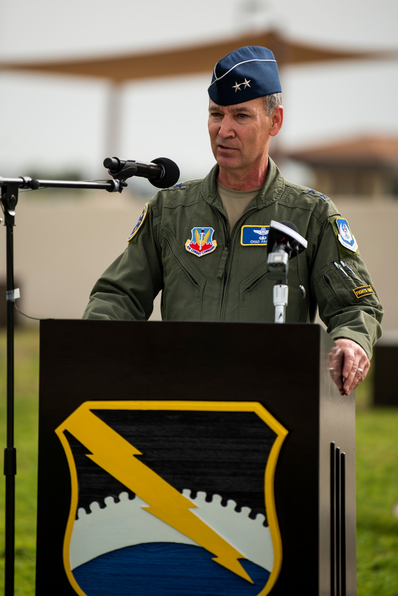 U.S. Air Force Maj. Gen. Chad Franks, Ninth Air Force commander, speaks during a change of command ceremony at Tyndall Air Force Base, Florida, June 26, 2020. Franks highlighted the wing’s accomplishments under U.S. Air Force Col. Brian Laidlaw and expressed his confidence in U.S. Air Force Col. Greg Moseley as the new 325th Fighter Wing commander. (U.S. Air Force photo by Tech. Sgt. Clayton Lenhardt)