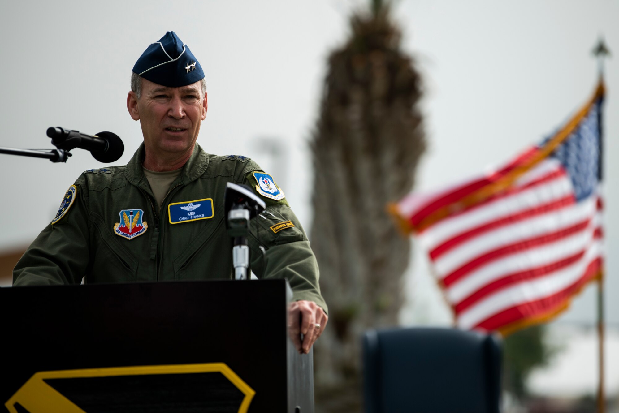 U.S. Air Force Maj. Gen. Chad Franks, Ninth Air Force commander, speaks during a change of command ceremony at Tyndall Air Force Base, Florida, June 26, 2020. Franks highlighted the wing’s accomplishments under U.S. Air Force Col. Brian Laidlaw and expressed his confidence in U.S. Air Force Col. Greg Moseley as the new 325th Fighter Wing commander. (U.S. Air Force photo by Tech. Sgt. Clayton Lenhardt)