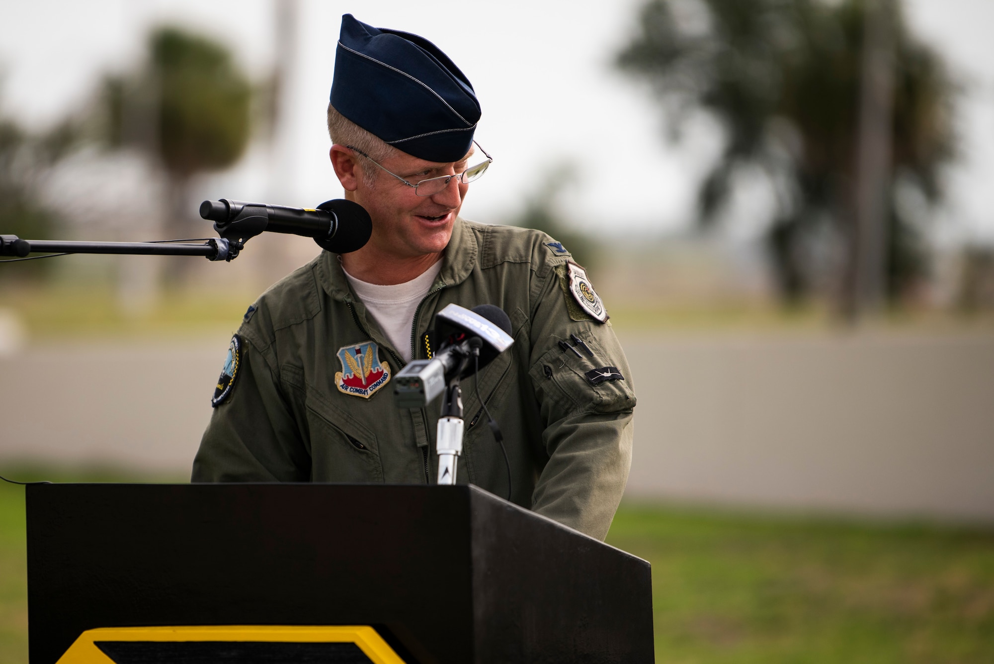 U.S. Air Force Col. Brian Laidlaw, 325th Fighter Wing commander, speaks during a change of command ceremony at Tyndall Air Force Base, Florida, June 26, 2020. Command of the 325th FW transferred from Laidlaw to U.S. Air Force Col. Greg Moseley. (U.S. Air Force photo by Tech. Sgt. Clayton Lenhardt)