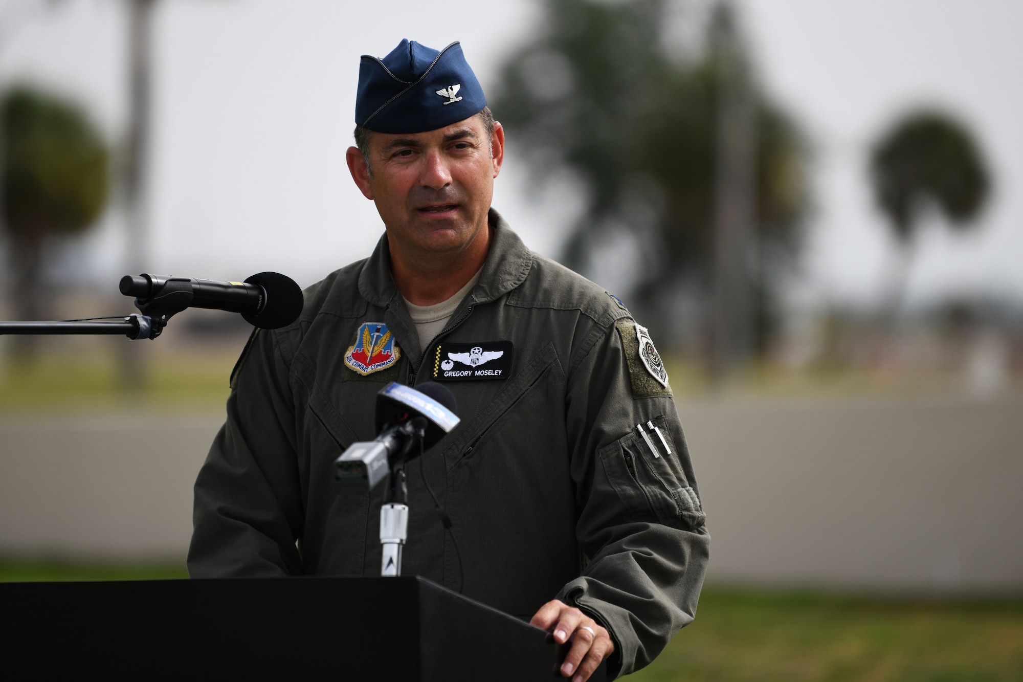 U.S. Air Force Col. Greg Moseley, 325th Fighter Wing commander, speaks during a change of command ceremony at Tyndall Air Force Base, Florida, June 26, 2020. As the 325th FW commander, Moseley will oversee F-22 Raptor pilot training as well as the continued rebuild of the base following the damage done by Hurricane Michael in 2018. (U.S. Air Force photo by Tech. Sgt. Clayton Lenhardt)