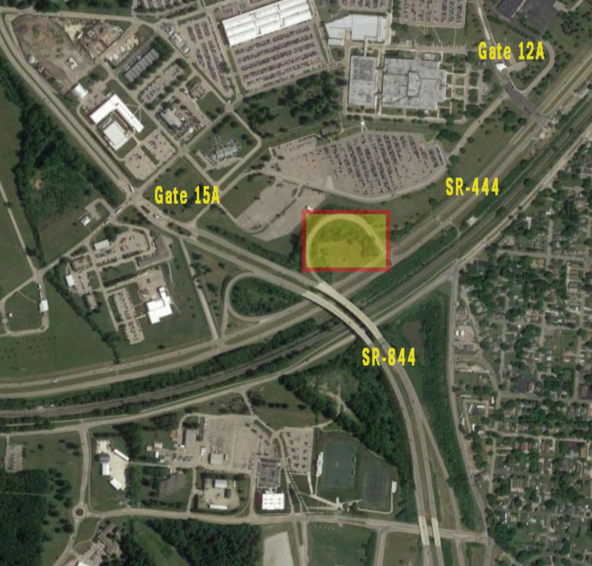 Map highlighting Wright-Patterson Air Force Base's Gates 12A and 15A and State Routes 444 and 844.