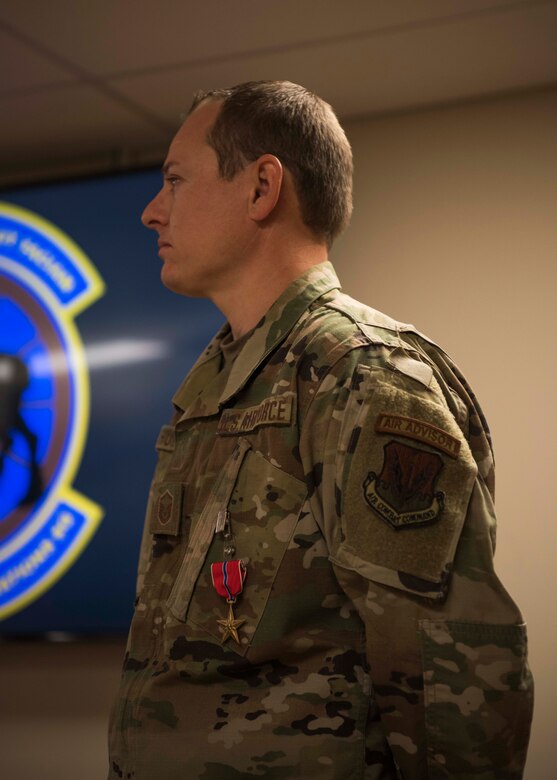 Master Sgt. Mark Hurd, 366th Healthcare Operations Squadron medical logistics flight chief, stands after receiving the Bronze Star, June 24, 2020, at Mountain Home Air Force Base, Idaho. Hurd received the medal for his achievement as surgeon general superintendent and senior enlisted medical advisor while in support of OPERATION FREEDOM SENTINEL from Jan. 1, 2019 to Nov. 1, 2019, at Forward Operating Base Oqab, Kabul, Afghanistan.