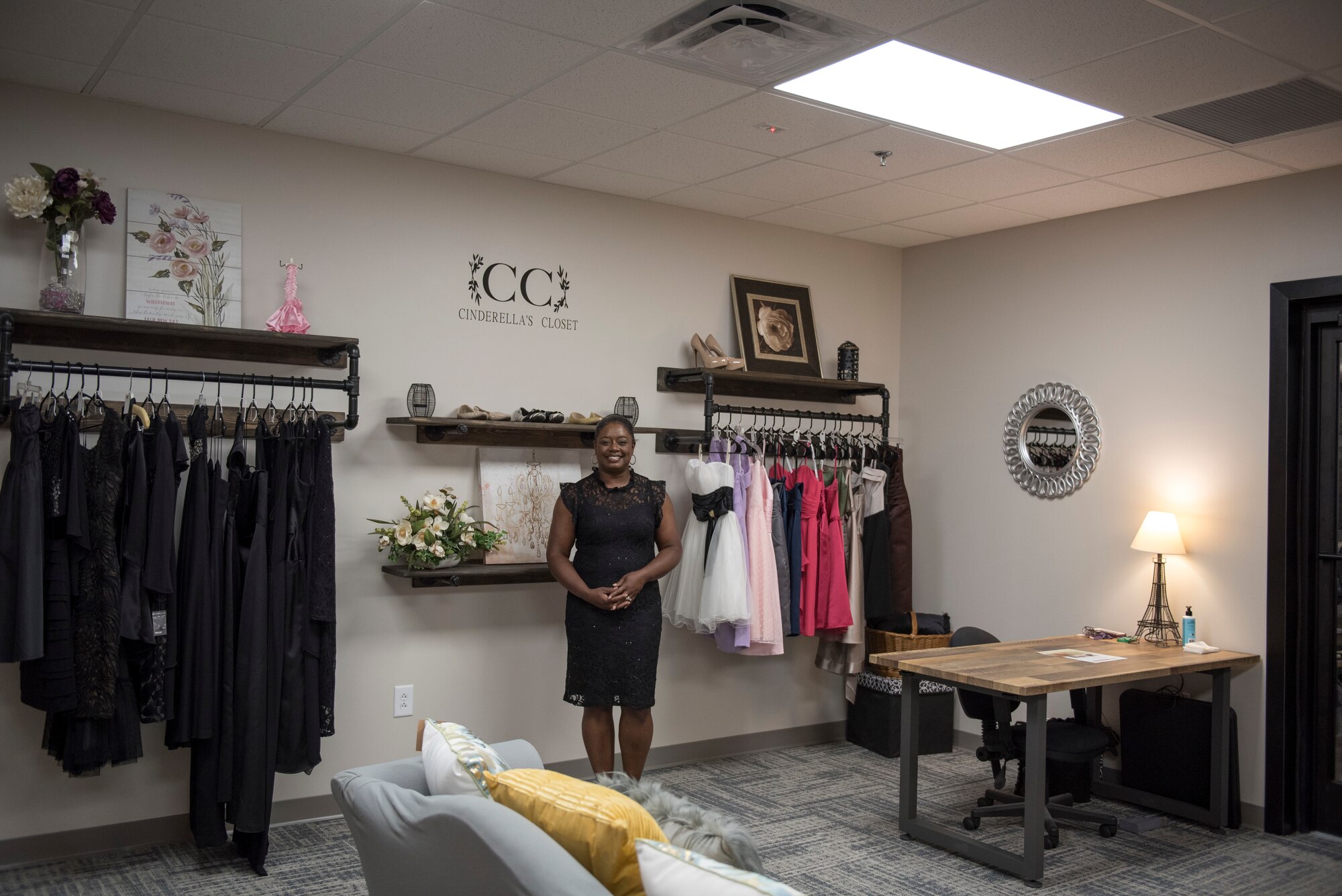 Torette Williams, Seymour Johnson Air Force Base United Service Organizations center manager, stands in Cinderella’s Closet located inside Connect 4 at Seymour Johnson Air Force Base, North Carolina, June 30, 2020.