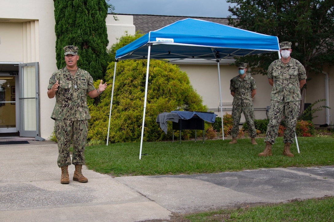 U.S. Navy Capt. Miguel Dieguez, assistant chief of staff for facilities and environment, Marine Corps Installations East-Marine Corps Base Camp Lejeune, gives his remarks during an awards ceremony at the Public Works Office on MCB Camp Lejeune, North Carolina, June 30, 2020. Three MCB Camp Lejeune civilians received the Department of the Navy Commendation for Meritorious Civilian Service for their efforts in coordinating a multibillion dollar restoration and construction program in the wake of Hurricane Florence. (U.S. Marine Corps photo by Lance Cpl. Ginnie Lee)