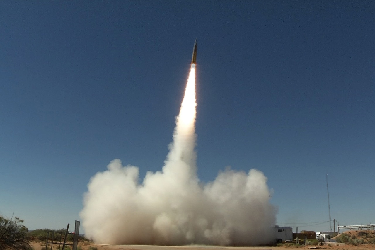 A ground-launched missile heads skyward.