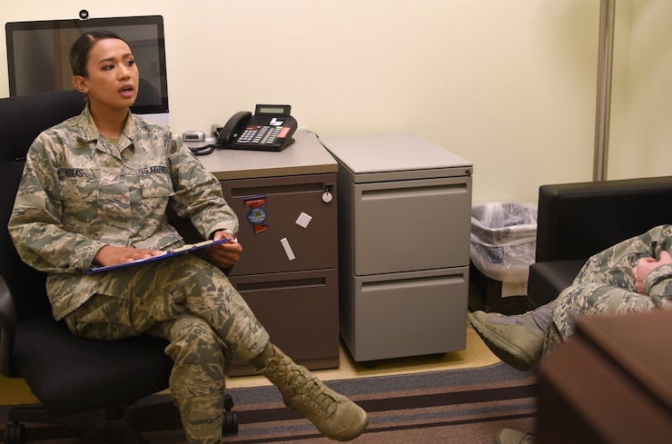 Jeb Clay, 17th Training Support Squadron Airmen Success Model instructor, explains the Mental Fitness Obstacle Course to U.S. Air Force Maj. Gen. Peter Lambert, Assistant Deputy Chief of Staff, Intelligence, Surveillance and Reconnaissance, at the Cressman Student Collaboration Center on Goodfellow Air Force Base, Texas, Feb. 13, 2020. The MFOC is an active learning initiative designed to familiarize service members with performing under stress. (U.S. Air Force photo by Staff Sgt. Chad Warren)