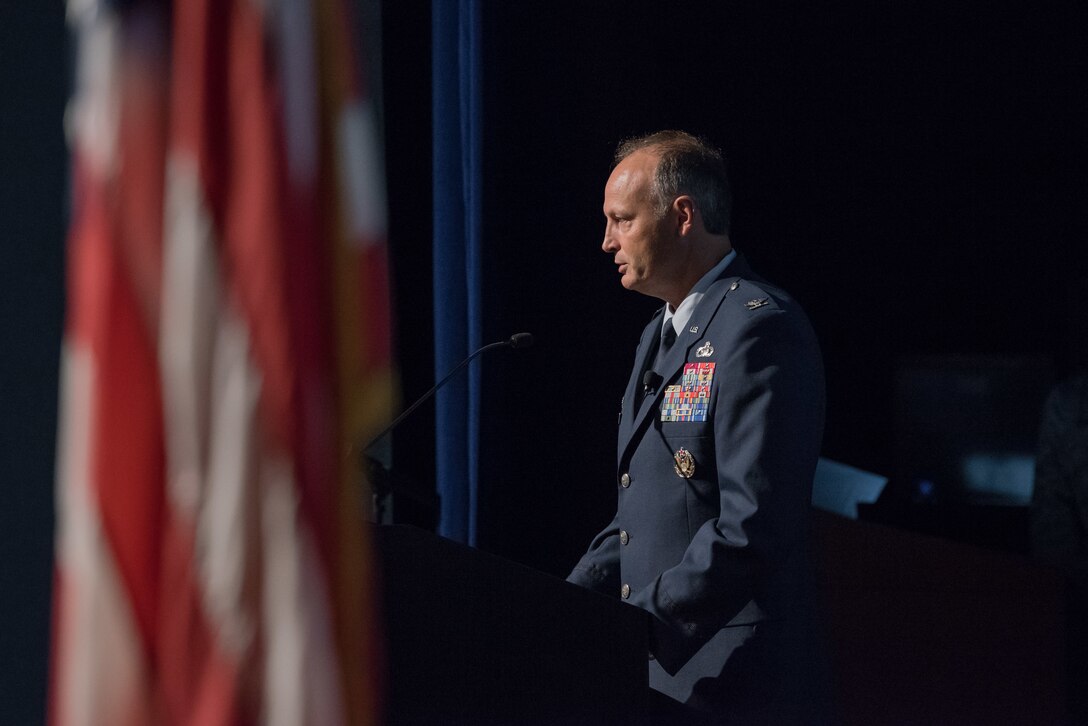 Col. Chad Hartman delivers his final remarks as the commander of the Air Force Technical Applications Center during his Change of Command ceremony June 30, 2020 at Patrick AFB, Fla.  Hartman commanded the nuclear treaty monitoring center since June 2018 and is transferring to The Netherlands to work for Allied Joint Force Command Brunssum as the chief of intelligence, surveillance and reconnaissance.  (U.S. Air Force photo by Joshua Conti)