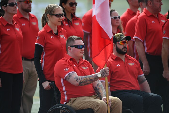 Athletes with the Canadian Armed Forces represent their country during the opening ceremony 2020 Marine Corps Trials on Marine Corps Base Camp Pendleton, California, Feb. 28. The Marine Corps Trials promotes rehabilitation through adaptive sports participation for Recovering Service Members and veterans all over the world. (Official U.S. Marine Corps photo by Lance Corporal Garrett Gillespie)