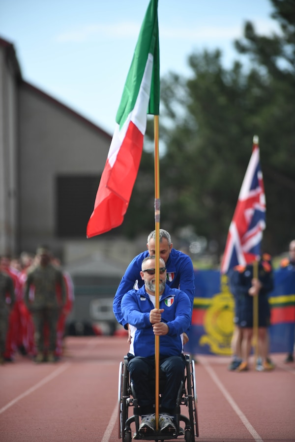 Athletes with the Italian Armed forces represent their country during the opening ceremony of the 2020 Marine Corps Trials on Marine Corps Base Camp Pendleton, California, Feb. 28. The Marine Corps Trials promotes rehabilitation through adaptive sports participation for Recovering Service Members and veterans all over the world. (Official U.S. Marine Corps photo by Lance Corporal Garrett Gillespie)