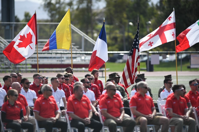 The 10th annual Marine Corps Trials opening ceremony welcomed athletes from six countries including Colombia, United Kingdom, Georgia, Canada, France, and Italy to Marine Corps Base Camp Pendleton, California, Feb. 29. The Marine Corps Trials is an adaptive sports event involving more than 200 wounded, ill or injured Marines, Sailors, veterans and international competitors, promoting recovery and rehabilitation through adaptive sport participation. (Official U.S. Marine Corps photo by Lance Corporal Garrett Gillespie)