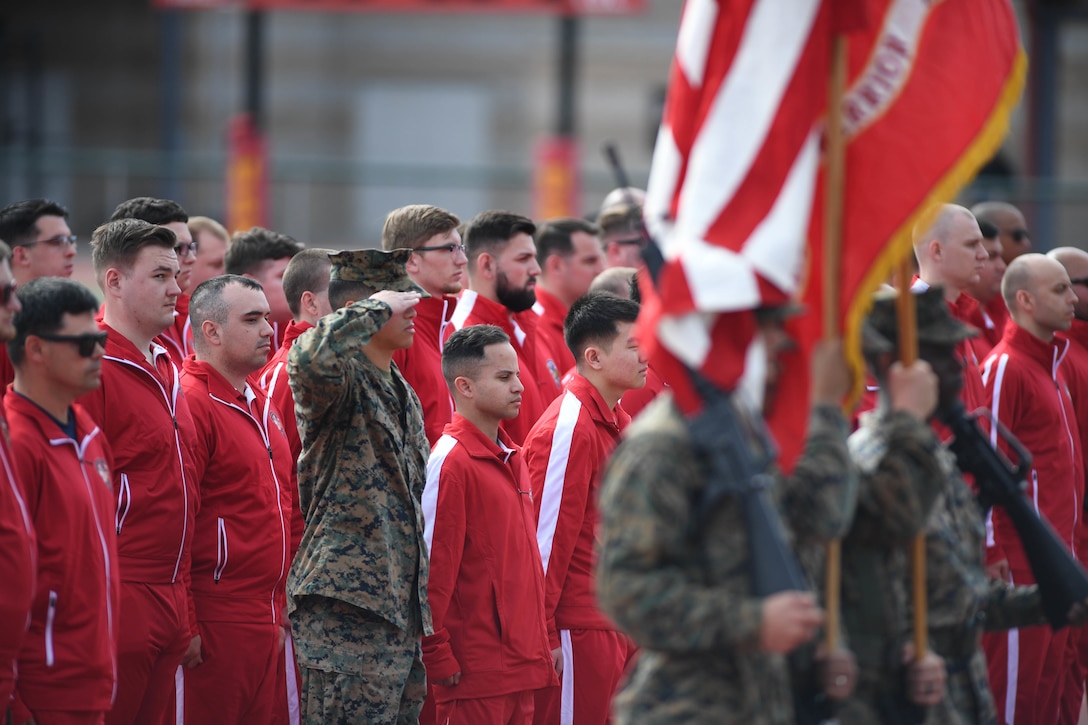 The 10th annual Marine Corps Trials opening ceremony welcomed athletes from six countries including Colombia, United Kingdom, Georgia, Canada, France, and Italy to Marine Corps Base Camp Pendleton, California, Feb. 29. The Marine Corps Trials is an adaptive sports event involving more than 200 wounded, ill or injured Marines, Sailors, veterans and international competitors, promoting recovery and rehabilitation through adaptive sport participation. (Official U.S. Marine Corps photo by Lance Corporal Garrett Gillespie)