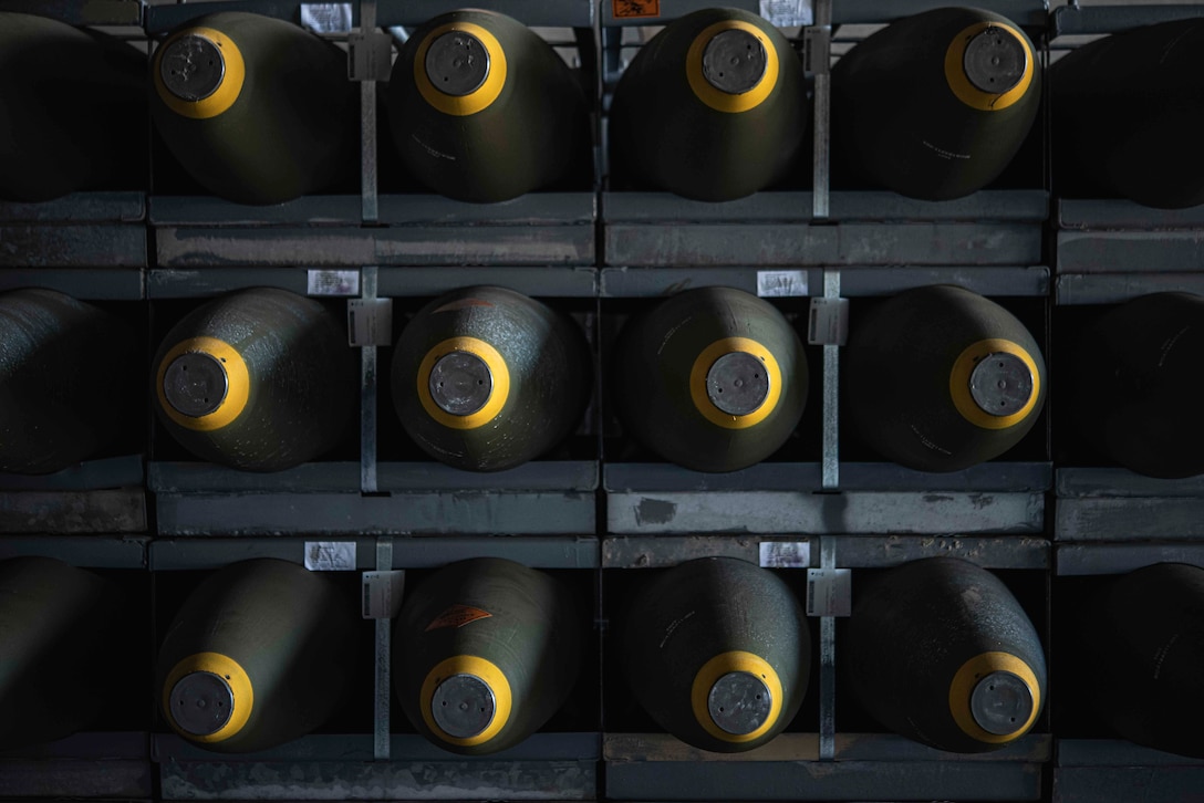 A stockpile of munitions is stored in a secured facility at Ramstein Air Base, Germany, Feb. 6, 2020. The 86th Munitions Squadron received more than 200 containers of various munitions and inert components to be distributed to combatant commands in the region. (U.S. Air Force photo by Staff Sgt. Devin Nothstine)