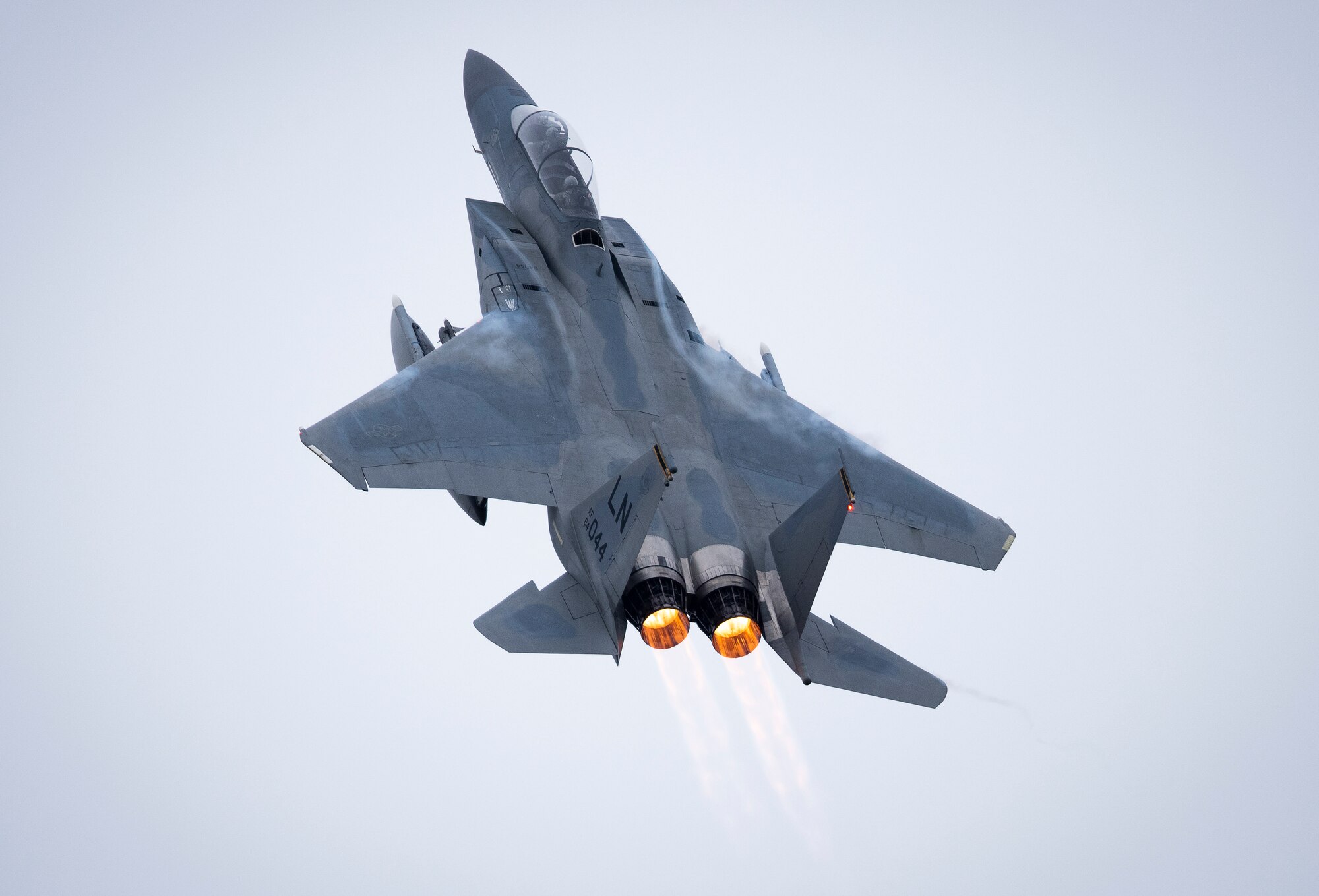 An F-15D Eagle assigned to the 493rd Fighter Squadron takes off from Royal Air Force Lakenheath, England, Feb. 28, 2020. The Eagle provides the Liberty Wing with all-weather, day or night air superiority and air-to-ground precision combat capabilities. (U.S. Air Force photo by Airman 1st Class Madeline Herzog)