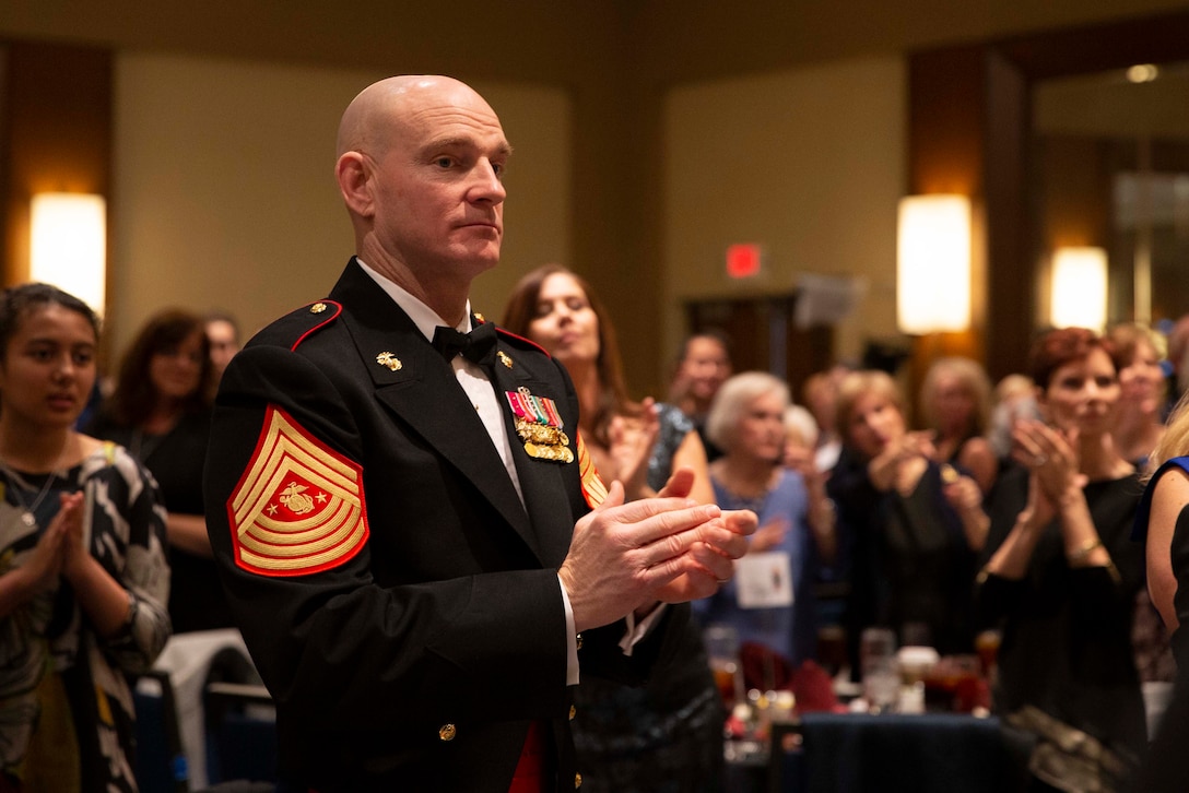 The 19th Sergeant Major of the Marine Corps, Sgt. Maj. Troy E. Black, attends the Iwo Jima 75th Anniversary Gala in Arlington, V.A., Feb. 29, 2020. The event was hosted by the Iwo Jima Association of America to bring veterans together through shared experiences to honor their service and to remember those that gave the ultimate sacrifice. (U.S. Marine Corps photo by Sgt. Victoria Ross)