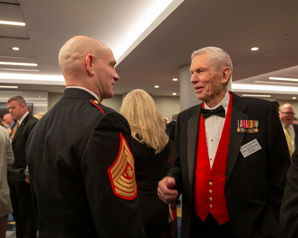 The 19th Sergeant Major of the Marine Corps, Sgt. Maj. Troy E. Black, greats veterans at the Iwo Jima 75th Anniversary Gala in Arlington, V.A., Feb. 29, 2020. The event was hosted by the Iwo Jima Association of America to bring veterans together through shared experiences to honor their service and to remember those that gave the ultimate sacrifice. (U.S. Marine Corps photo by Sgt. Victoria Ross)