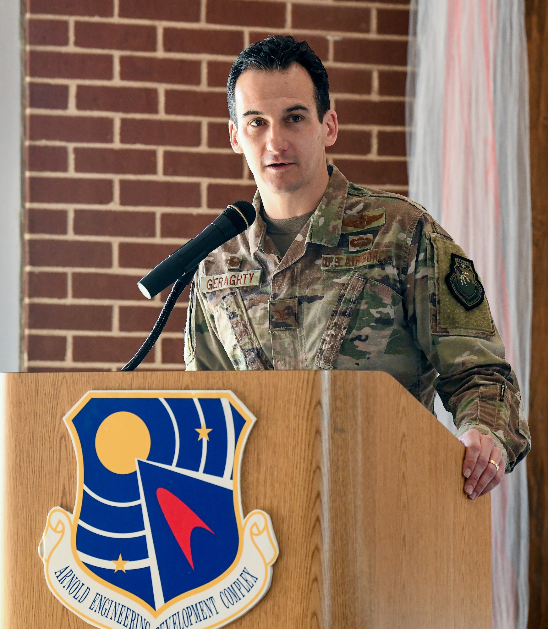 Arnold Engineering Development Complex Commander Col. Jeffrey Geraghty speaks during the annual awards breakfast Feb. 21, 2020, at the Arnold Lakeside Center at Arnold Air Force Base, Tenn. (U.S. Air Force photo by Jill Pickett)