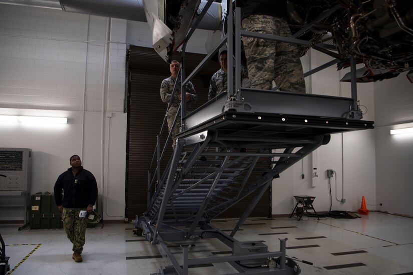 Command Senior Chief Petty Officer Jaz Davis, Citadel ROTC command senior enlisted leader, looks at a C-17 Globemaster III engine during a tour at Joint Base Charleston, S.C., Feb. 27, 2020.