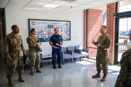 Tech. Sgt. James Nartowicz, 373rd Training Squadron Detachment 5 production supervisor, gives closing comments after a tour of his squadron at Joint Base Charleston, S.C., Feb. 27, 2020.