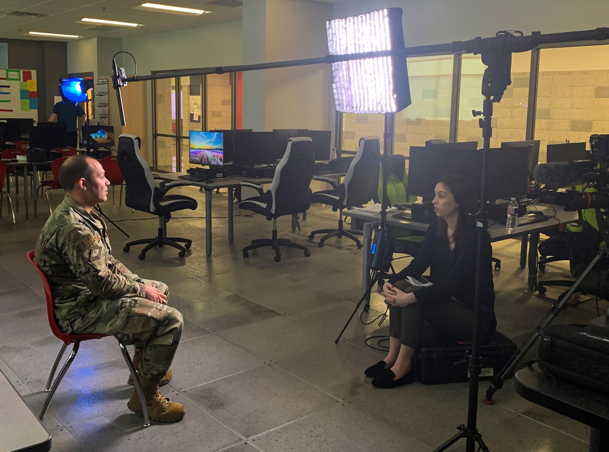 1st Lt. Thomas Van Dorple, a 223rd Cyberspace Operations Squadron flight chief, interviews for the Association of Defense Communities 2020 'Great American Defense Community' award Feb. 25, 2020, in Jacksonville, Ark.
