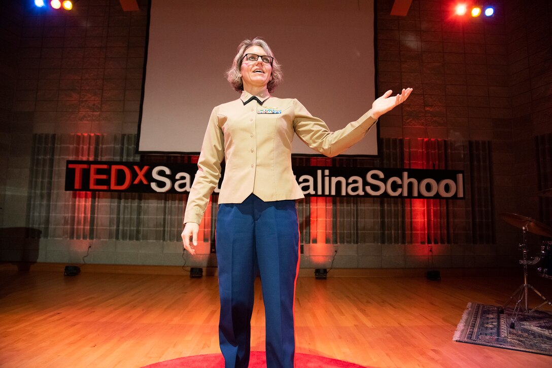Marine Corps Maj. Julia Weber, a Naval Postgraduate School Operations Research student, participates in a TEDx event at Santa Catalina School, an all-girls college prep boarding and day school in Monterey, Calif., where she delivers remarks regarding her experience while working at the U.S. Embassy in Islamabad, Pakistan, Feb. 12, 2020. This event marks the 7th annual TEDx event hosted, led and streamed live by a student-run club at the school. The theme for this year’s event is “Picture This” – “all great ideas and innovations start with a single thought–a dream–and perhaps just a simple one. It is ideas coupled with action that shape the present and make a change.” The TEDx event aims to share the ideas within the local community that can change the world for the better. Weber was one of seven speakers from the around the Monterey community. During Weber’s time working in the U.S. Embassy in Pakistan, she saw a need to improve the conditions of stray animals. By rallying other foreign diplomats in Pakistan, she founded the nonprofit organization Islamabad PAWS (Pakistan Animal Welfare Society) in 2017. Islamabad PAWS is dedicated to improving the conditions of stray and abandoned dogs. In her heartwarming and inspiring talk titled, “What Do You See,” Weber shares her thoughts on leadership, being a global citizen, and seeing and answering the call to lead in innovative ways. Weber attended Mount Holyoke College where the first women cadets were sworn into the U.S. Marine Corps in 1943.