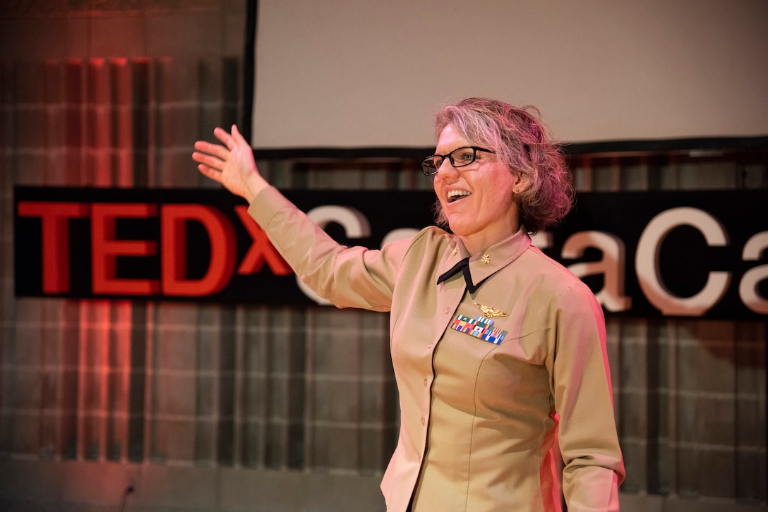 Marine Corps Maj. Julia Weber, a Naval Postgraduate School Operations Research student, participates in a TEDx event at Santa Catalina School, an all-girls college prep boarding and day school in Monterey, Calif., where she delivers remarks regarding her experience while working at the U.S. Embassy in Islamabad, Pakistan, Feb. 12, 2020. This event marks the 7th annual TEDx event hosted, led and streamed live by a student-run club at the school. The theme for this year’s event is “Picture This” – “all great ideas and innovations start with a single thought–a dream–and perhaps just a simple one. It is ideas coupled with action that shape the present and make a change.” The TEDx event aims to share the ideas within the local community that can change the world for the better. Weber was one of seven speakers from the around the Monterey community. During Weber’s time working in the U.S. Embassy in Pakistan, she saw a need to improve the conditions of stray animals. By rallying other foreign diplomats in Pakistan, she founded the nonprofit organization Islamabad PAWS (Pakistan Animal Welfare Society) in 2017. Islamabad PAWS is dedicated to improving the conditions of stray and abandoned dogs. In her heartwarming and inspiring talk titled, “What Do You See,” Weber shares her thoughts on leadership, being a global citizen, and seeing and answering the call to lead in innovative ways. Weber attended Mount Holyoke College where the first women cadets were sworn into the U.S. Marine Corps in 1943.