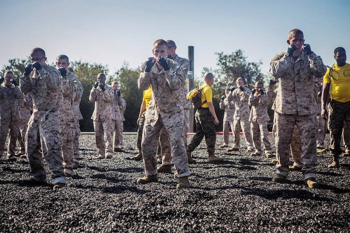 Recruits with Golf Company, 2nd Recruit Training Battalion, participate in a Marine Corps Martial Arts Program session at Marine Corps Recruit Depot San Diego, Feb. 24, 2020.