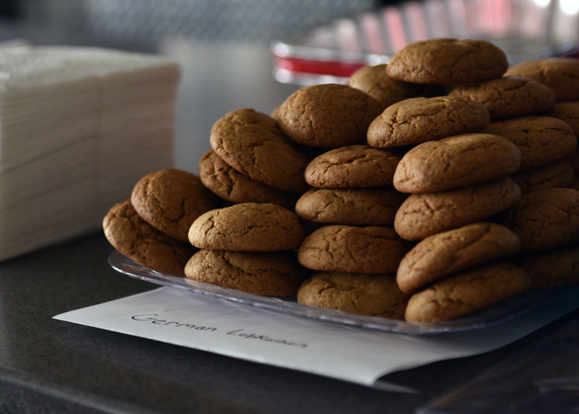 A plate of German Lebkuchen cookies is displayed during the 316th Training Squadron’s Inaugural Language Fair February 28, 2020, at the event center on Goodfellow Air Force Base, Texas. Students and staff provided a multitude of snacks and desserts from around the world to share different cultures with attendees. (U.S. Air Force photo by Airman 1st Class Robyn Hunsinger)