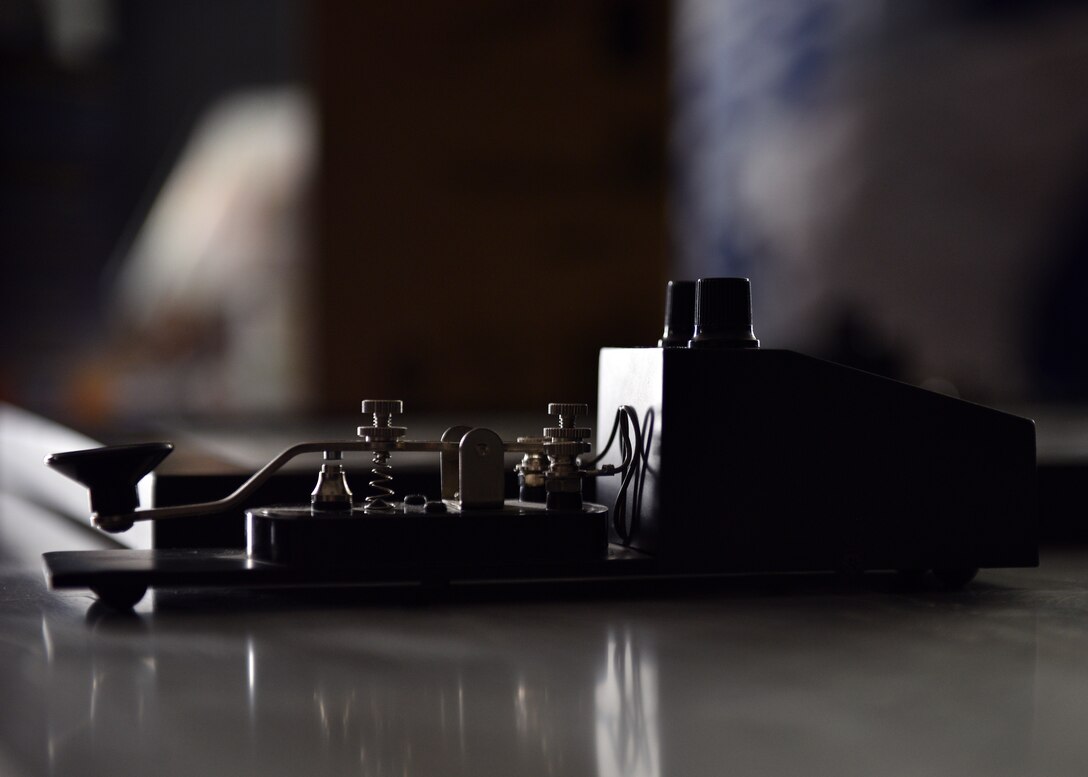 A telegraph is displayed during the 316th Training Squadron’s Inaugural Language Fair February 28, 2020, at the event center on Goodfellow Air Force Base, Texas. This display allowed students and permanent party members to learn more about the importance of Morse code and the telegraph. (U.S. Air Force photo by Airman 1st Class Robyn Hunsinger)