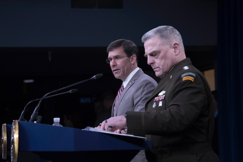 Defense Secretary Dr. Mark T. Esper and Army Gen. Mark A. Milley stand at lecterns.