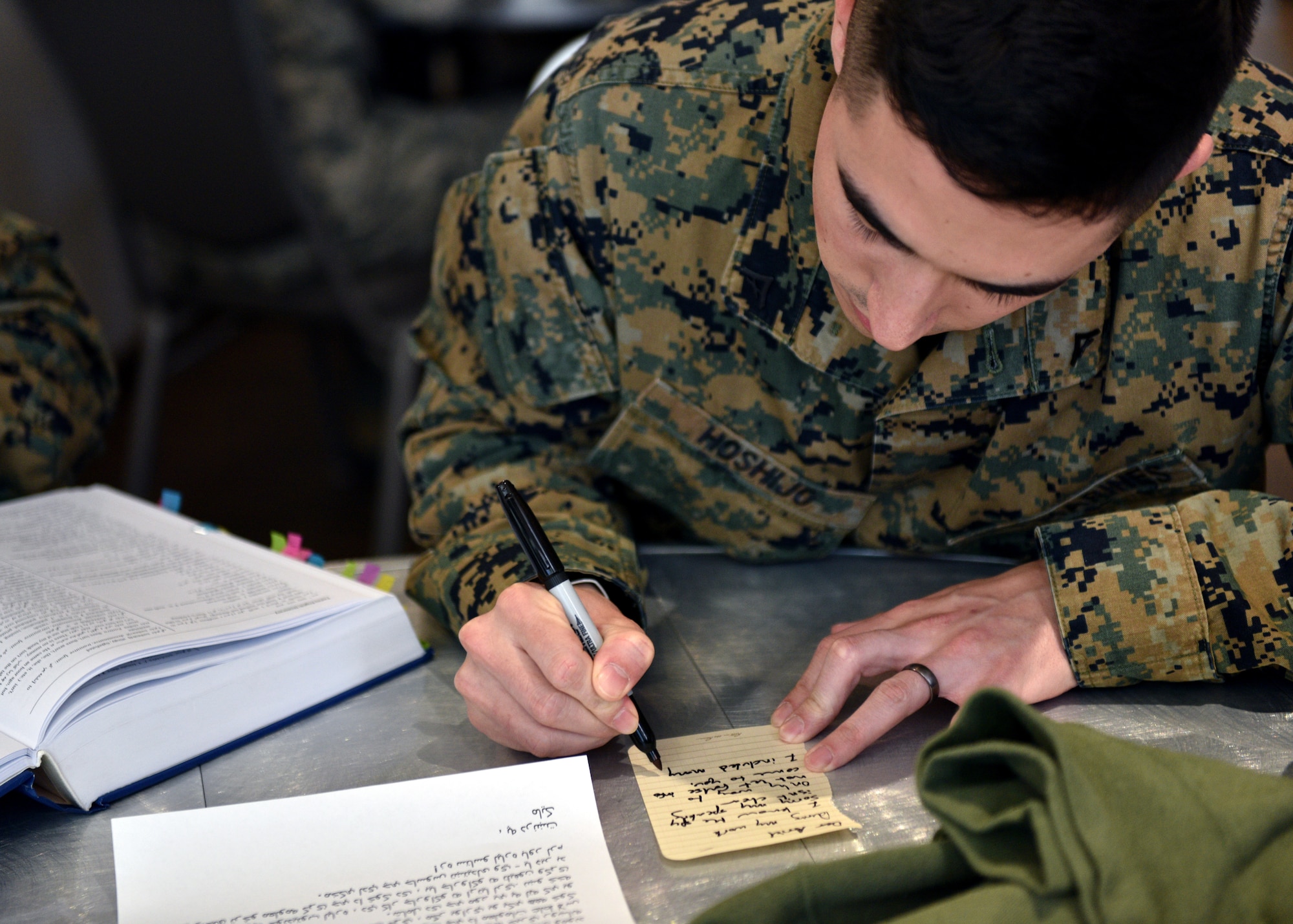 Lance Cpl. Gunther Hoshijo, 316th Training Squadron Pashto linguist student, participates in an exercise during the 316th TRS’ Inaugural Language Fair February 28, 2020, at the event center on Goodfellow Air Force Base, Texas. Pashto is a member of the southeastern Iranian branch of Indo-Iranian languages spoken in Afghanistan, Pakistan and Iran. (U.S. Air Force photo by Airman 1st Class Robyn Hunsinger)