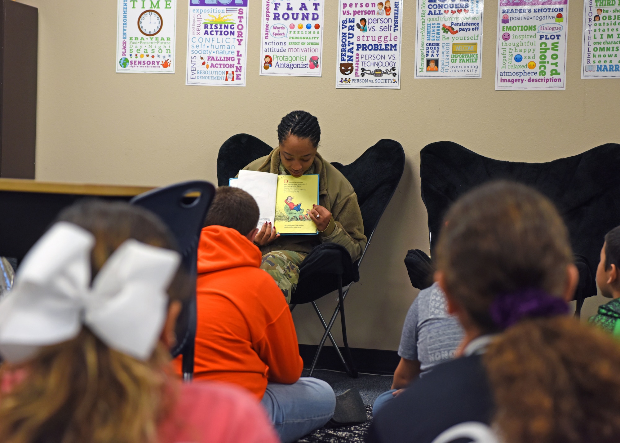 U.S. Air Force Senior Airman Brianna Cash, 17th Comptroller Squadron financial analyst, shows a page from “Hunches in Bunches” to a fifth grade class at McGill Elementary School in San Angelo, Texas, Feb. 27, 2020. Older students enjoy the readings because it is a break from the fast tempo of school and they have a chance to interact with someone that may have the job they want. (U.S. Air Force photo by Airman 1st Class Ethan Sherwood)