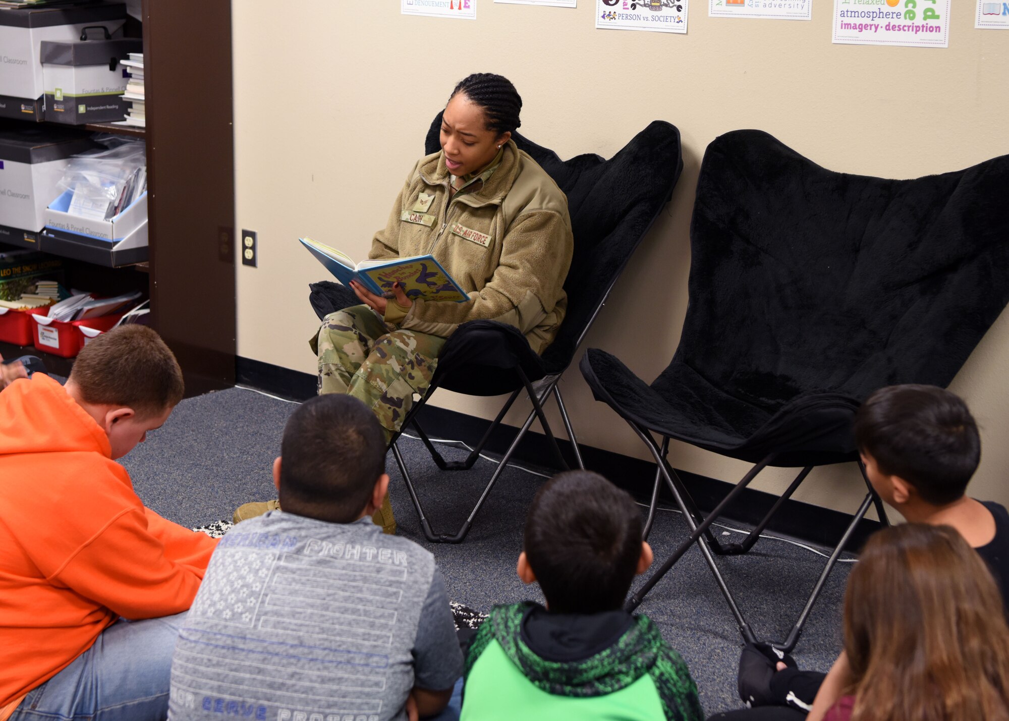 U.S. Air Force Senior Airman Brianna Cash, 17th Comptroller Squadron financial analyst, reads “Hunches in Bunches” to a fifth grade class at McGill Elementary School in San Angelo, Texas, Feb. 27, 2020. Cash was one of 39 volunteers who read to and interacted with the students. (U.S. Air Force photo by Airman 1st Class Ethan Sherwood)