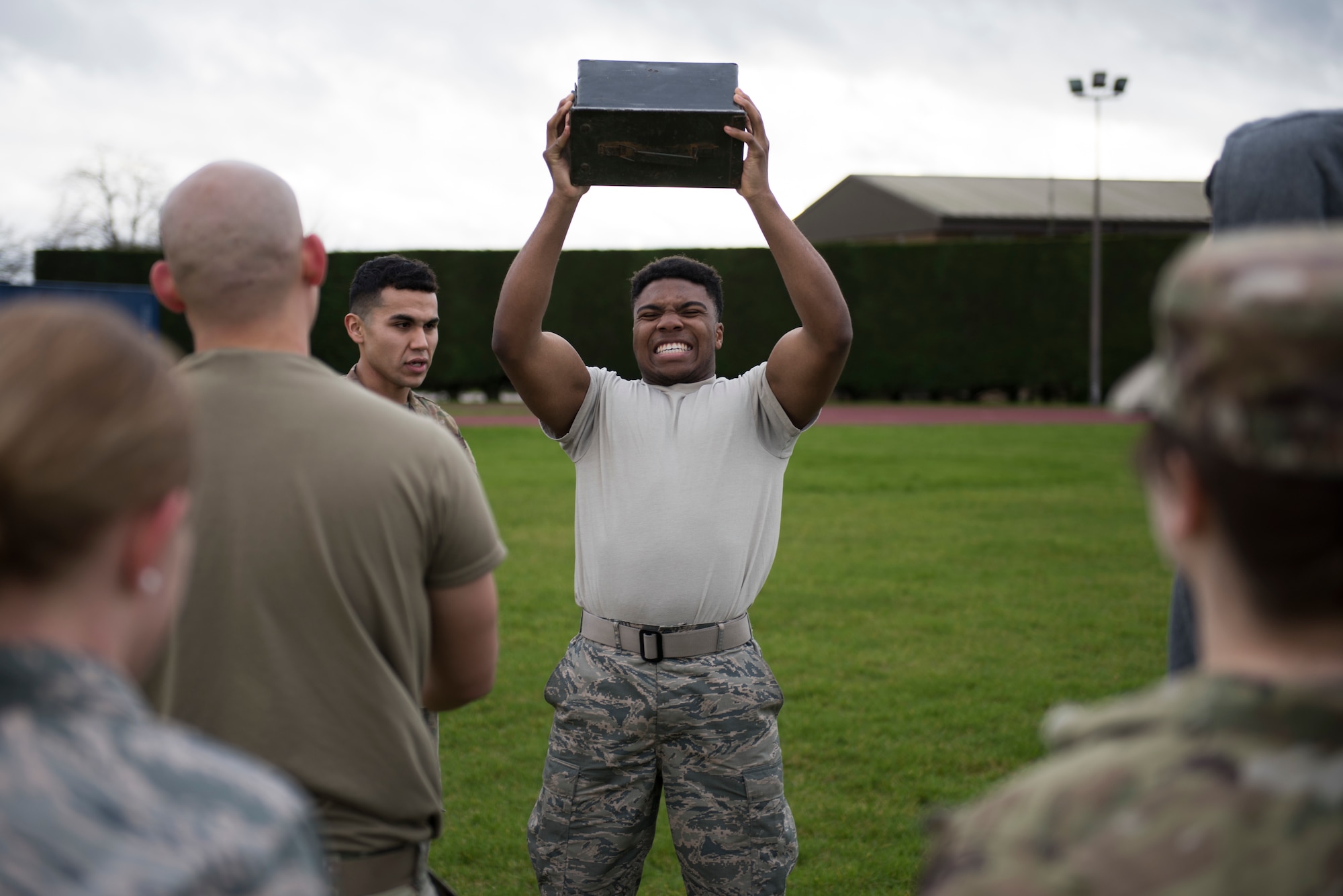 U.S. Air Force Airman 1st Class Troy Glasper, 423rd Force Support Squadron postal clerk, lifts an ammunition can during a practice Marine Corps Combat Fitness Test at the Joint Immersion Day at RAF Alconbury, England, Feb. 20, 2020. Joint Immersion Day was an opportunity for Air Force, Army, Marines and Navy, to come together to learn about each branch’s history, culture, structure and evaluations, in order to be aware of our similarities, differences, and needs in a joint environment. (U.S. Air Force photo by Airman 1st Class Jennifer Zima)