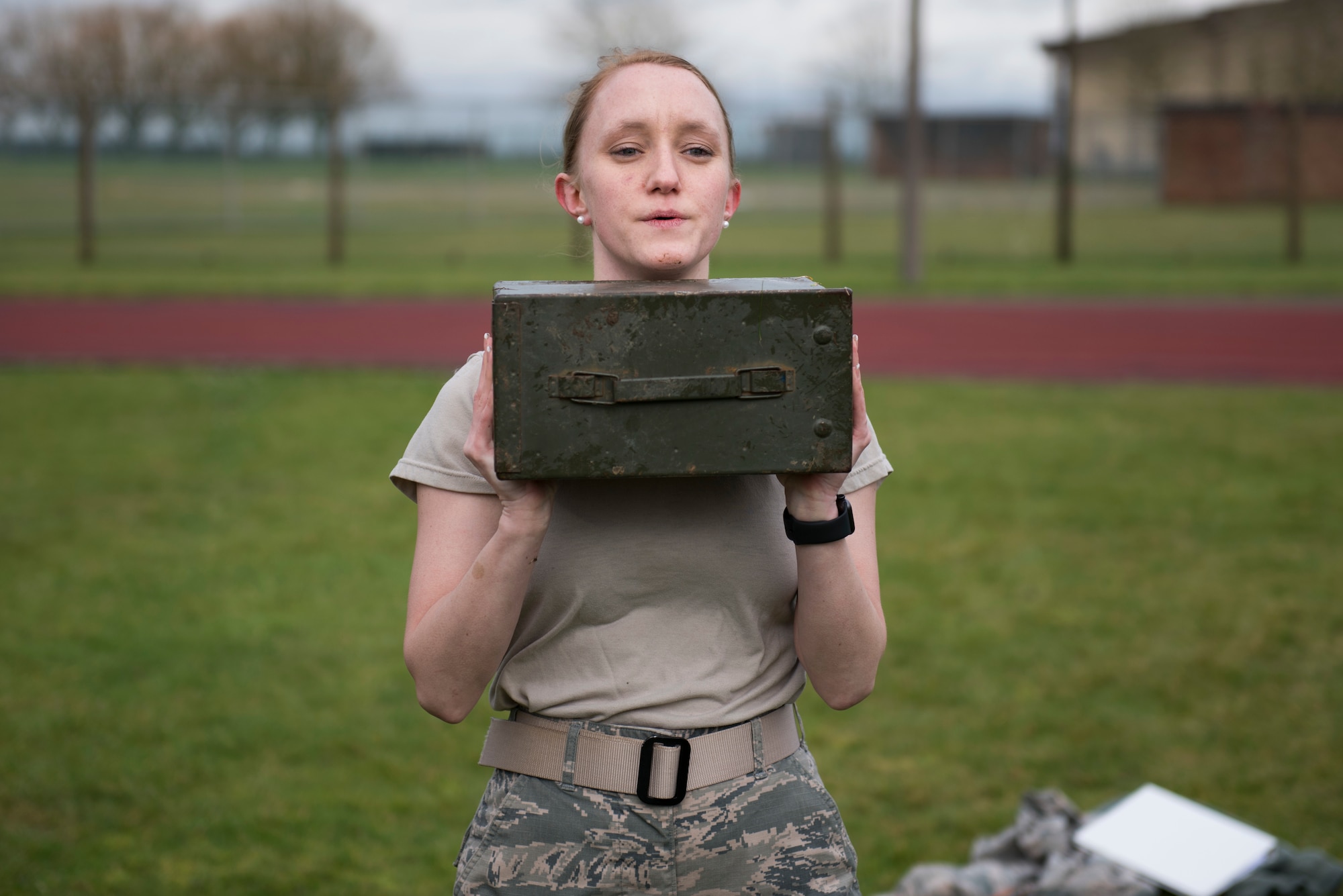 U.S. Air Force Staff Sgt. Haley Bradshaw, 423rd Force Support Squadron commander support staff technician, lifts an ammunition can during a practice Marine Corps Combat Fitness Test at the Joint Immersion Day at RAF Alconbury, England, Feb. 20, 2020. Joint Immersion Day was an opportunity for Air Force, Army, Marines and Navy, to come together to learn about each branch’s history, culture, structure and evaluations, in order to be aware of our similarities, differences, and needs in a joint environment. (U.S. Air Force photo by Airman 1st Class Jennifer Zima)