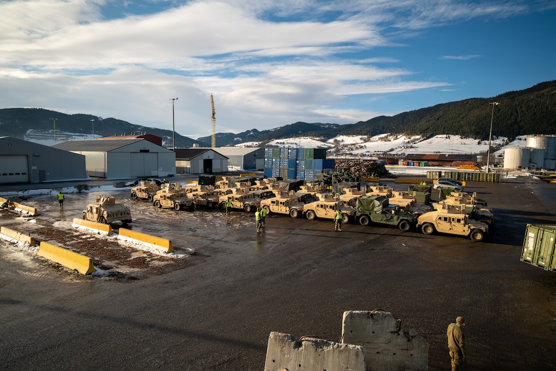 Equipment from the Tromsdal, Frigaard, and Bjugn caves waits to be loaded onto a Britannia Seaways shipping vessel at Orkanger Port, Norway, Feb. 17.