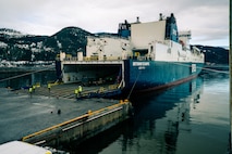 Equipment from the Tromsdal, Frigaard, and Bjugn caves is loaded onto a Britannia Seaways shipping vessel at Orkanger Port, Norway, Feb. 17, 2020. Marine Corps Prepositioning Program-Norway gear was transported from Orkanger Port to Bogen Port in preparation for Exercise Cold Response. Cold Response is a Norwegian-led exercise designed to enhance military capabilities and allied cooperation in high-intensity warfighting in a challenging arctic environment. (U.S. Marine Corps photo by Sgt. Devin J. Andrews)