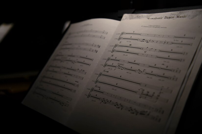 A music sheet rests on a music stand before the start of the U.S. Air Force Band’s Guest Concert Series at the Rachel M. Schlesinger Concert Hall and Arts Center in Alexandria, Va., Feb. 20, 2020. The band performed various songs including “Colors of the Wind”, “My Funny Valentine” and “America the Beautiful”. (U.S. Air Force photo by Airman 1st Class Spencer Slocum)