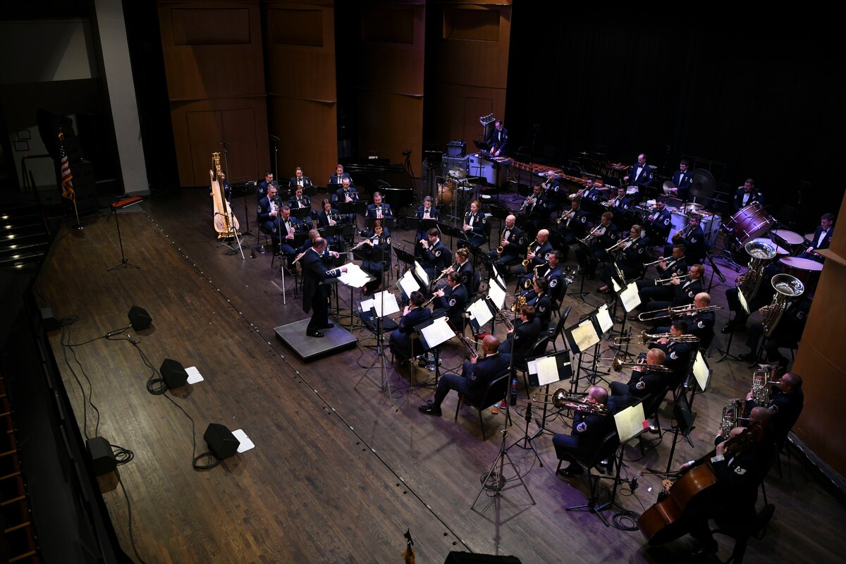 The United States Air Force Concert Band performs during their Guest Concert Series at the Rachel M. Schlesinger Concert Hall and Arts Center in Alexandria, Va., Feb. 20, 2020. The band consists of 52 active duty Airmen who actively engage the local community in the nation's capital through numerous concert series, reaching millions globally through live radio, television and internet broadcasts. (U.S. Air Force photo by Airman 1st Class Spencer Slocum)