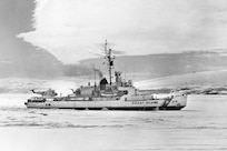 A scan of a photo of USCGC Staten Island at sea.