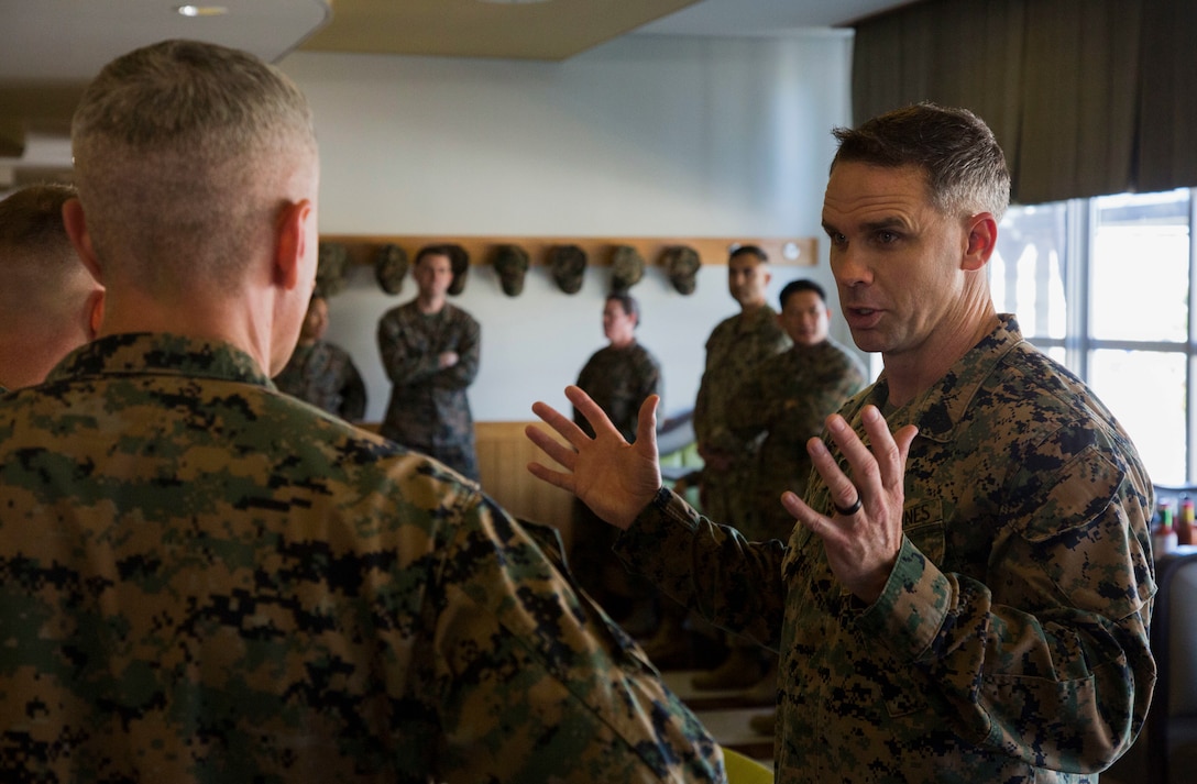 U.S. Marine Corps Master Sgt. Daniel J. Melton, NMCRS representative for Headquarters and Support Battalion, Marine Corps Installations Pacific, speaks before the Navy-Marine Corps Relief Society’s annual kickoff event at Camp Foster, Okinawa, Japan, March 2.
