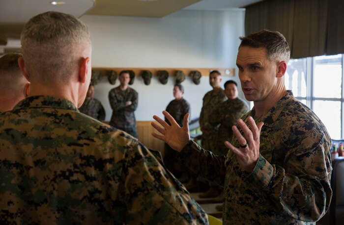 U.S. Marine Corps Master Sgt. Daniel J. Melton, NMCRS representative for Headquarters and Support Battalion, Marine Corps Installations Pacific, speaks before the Navy-Marine Corps Relief Society’s annual kickoff event at Camp Foster, Okinawa, Japan, March 2.