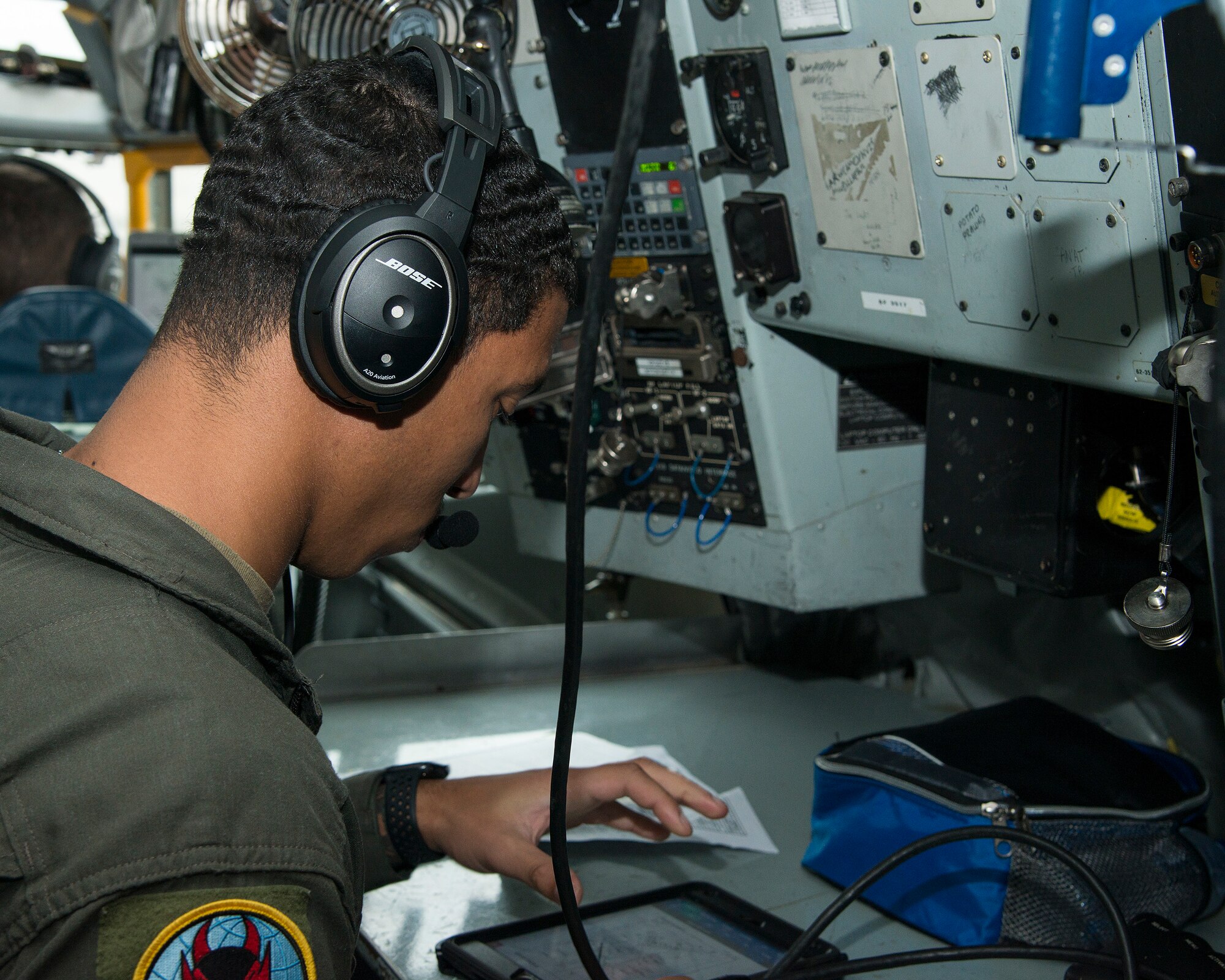 U.S. Air Force Airman 1st Class Malachi Greman, a 50th Air Refueling Squadron boom operator, completes pre-flight inspections on a KC-135 Stratotanker at MacDill Air Force Base, Fla., Jan. 30, 2020.